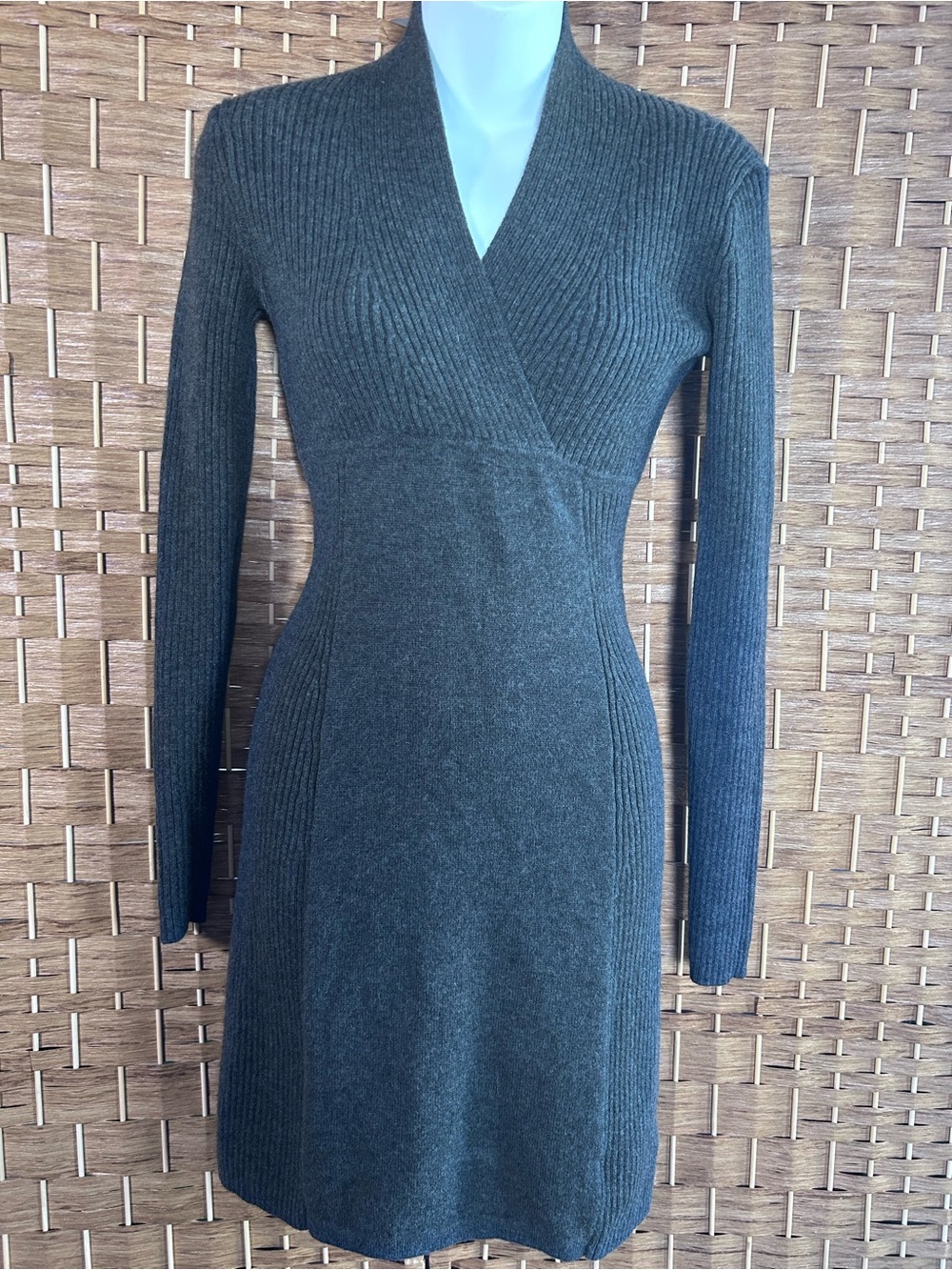 Athleta 92% Merino Wool Faux Wrap Sweater Dress XXS Charcoal Gray Ribbed